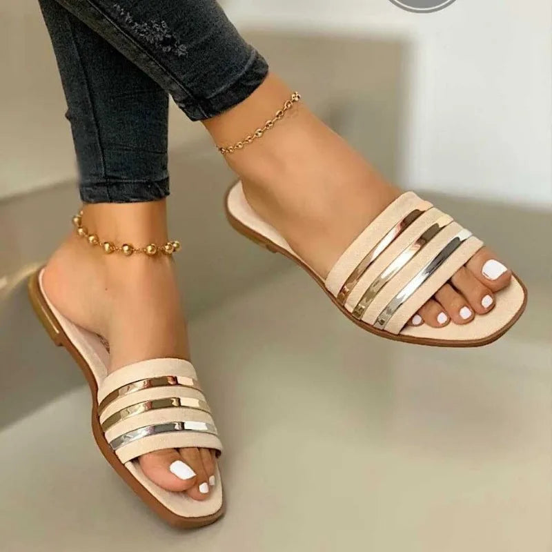 Pantoufles à rayures métalliques pour femmes beige