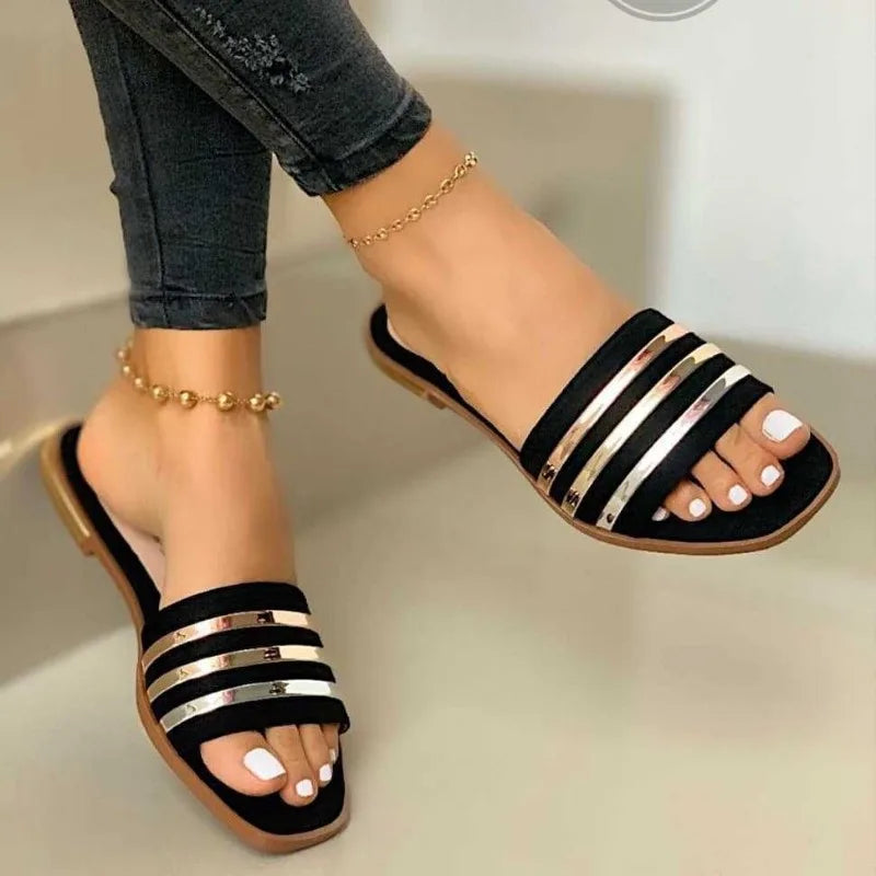 Pantoufles à rayures métalliques pour femmes couleur noir