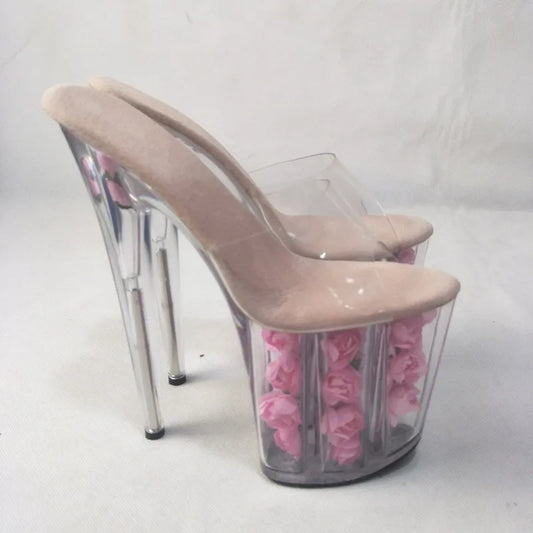 pantoufle en verre avec talon couleur rose