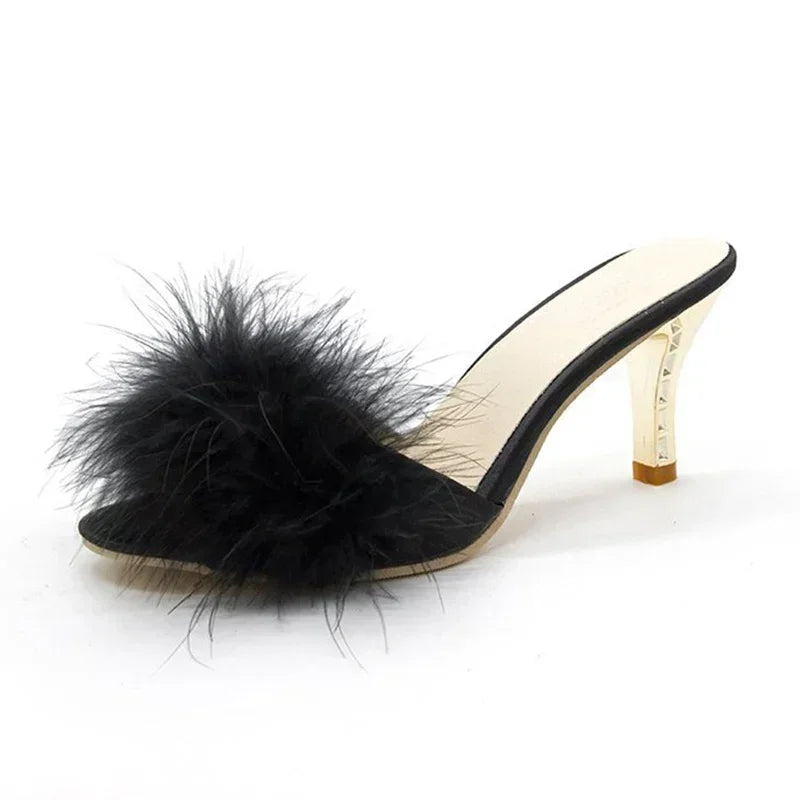 pantoufle mules à fourrure et a talon couleur noir